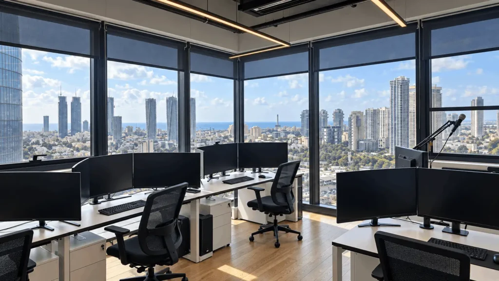 משרדי Rankey - חברת קידום אתרים ו-SEO, עמדות עבודה מול נוף העיר